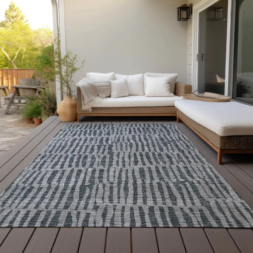 Charcoal And Gray Striped Washable Indoor Outdoor Area Rug Photo 7
