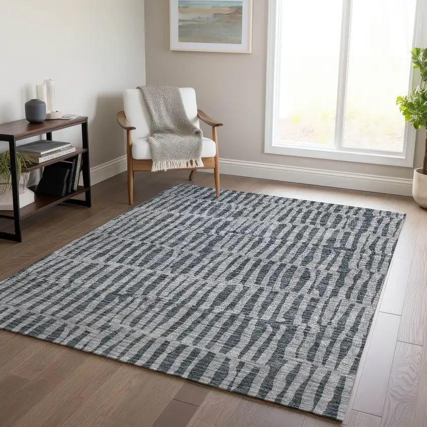 Charcoal And Gray Striped Washable Indoor Outdoor Area Rug Photo 7