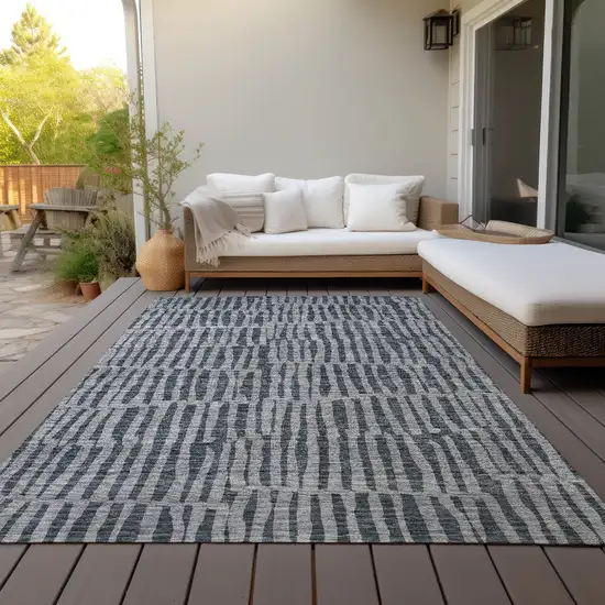 Charcoal And Gray Striped Washable Indoor Outdoor Area Rug Photo 6