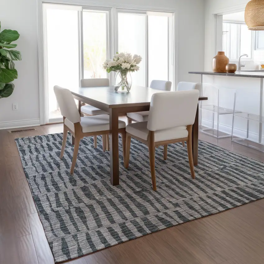 Charcoal And Gray Striped Washable Indoor Outdoor Area Rug Photo 8