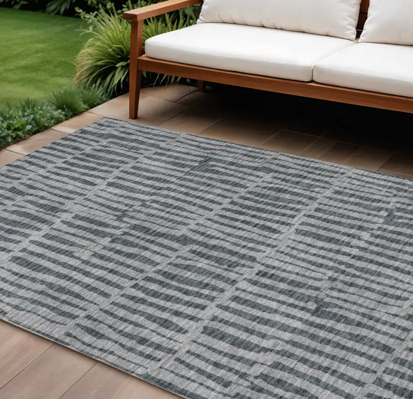Charcoal And Gray Striped Washable Indoor Outdoor Area Rug Photo 1