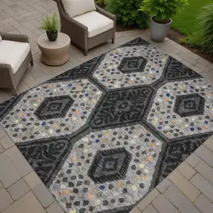 Photo of Charcoal And Gray Tribal Washable Indoor Outdoor Area Rug