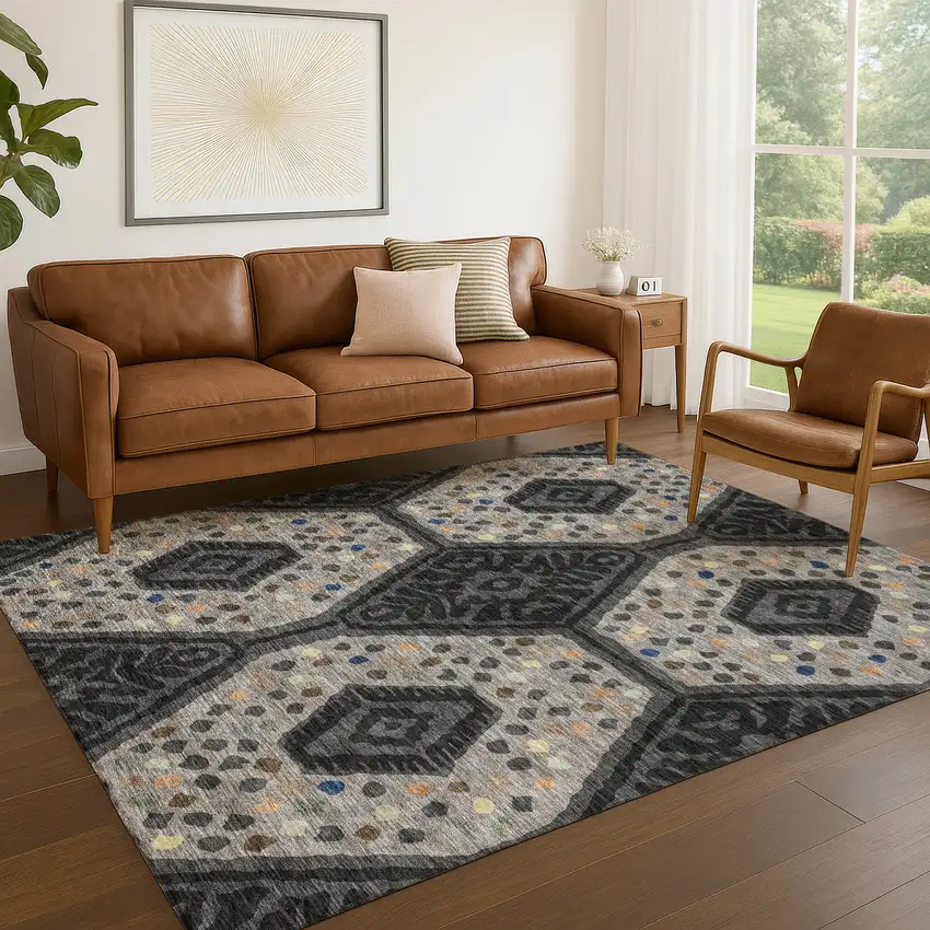 Charcoal And Gray Tribal Washable Indoor Outdoor Area Rug Photo 5