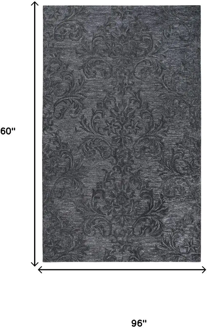 Charcoal And Gray Wool Damask Hand Tufted Area Rug Photo 6