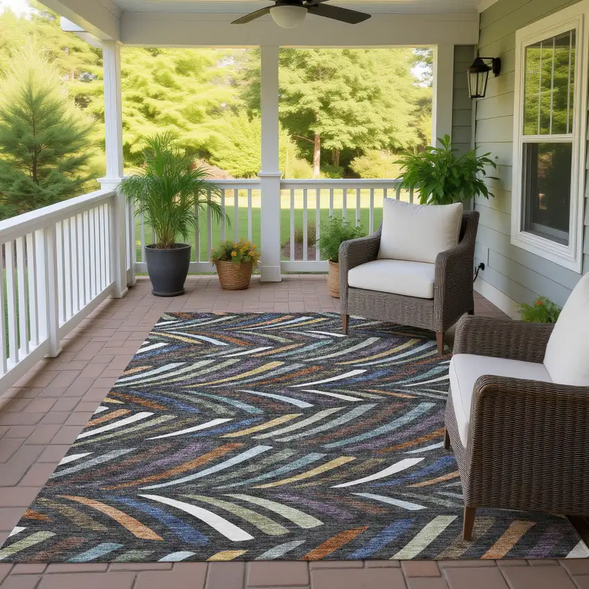 Charcoal And Green Abstract Washable Indoor Outdoor Area Rug Photo 4