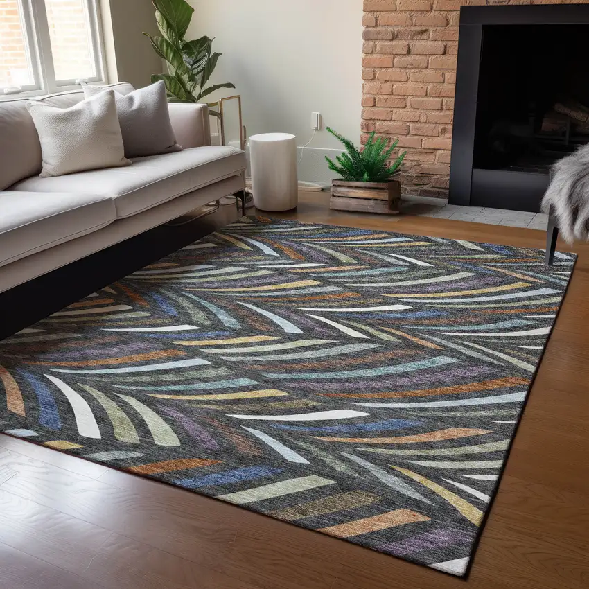 Charcoal And Green Abstract Washable Indoor Outdoor Area Rug Photo 5