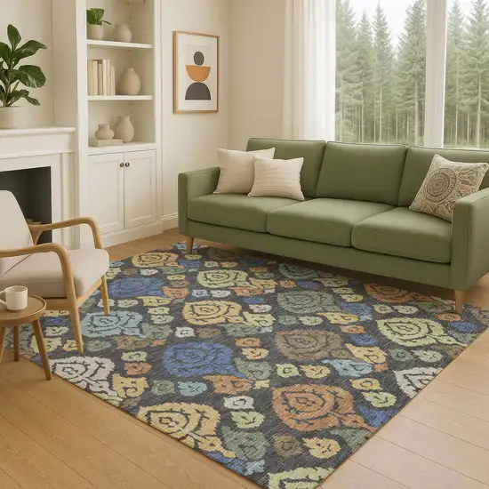Charcoal And Green Damask Washable Indoor Outdoor Area Rug Photo 5