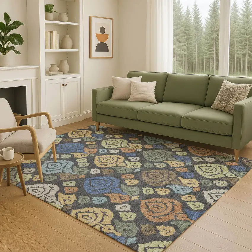 Charcoal And Green Damask Washable Indoor Outdoor Area Rug Photo 5