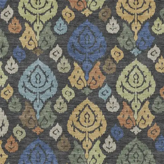 Charcoal And Green Damask Washable Indoor Outdoor Area Rug Photo 2