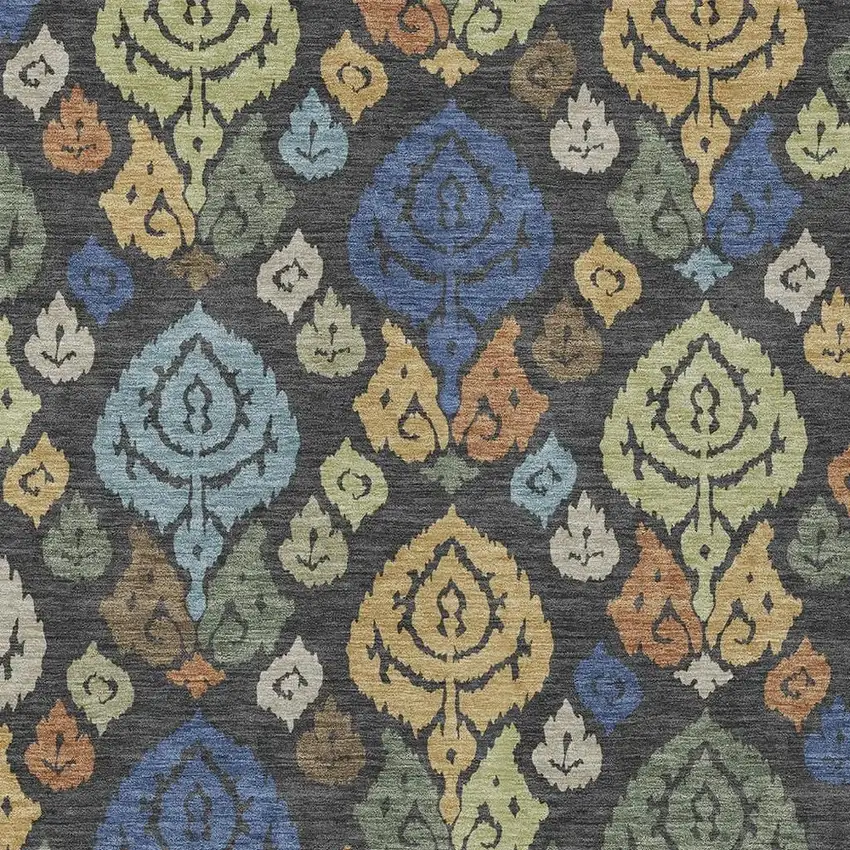 Charcoal And Green Damask Washable Indoor Outdoor Area Rug Photo 2
