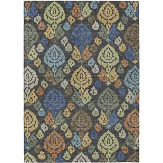Charcoal And Green Damask Washable Indoor Outdoor Area Rug Photo 1