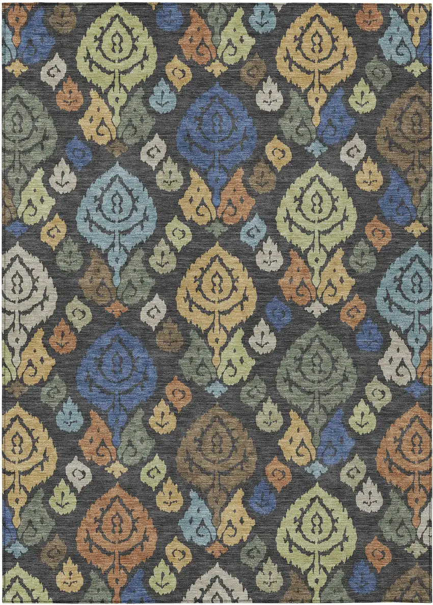 Charcoal And Green Damask Washable Indoor Outdoor Area Rug Photo 1