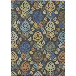 Photo of Charcoal And Green Damask Washable Indoor Outdoor Area Rug