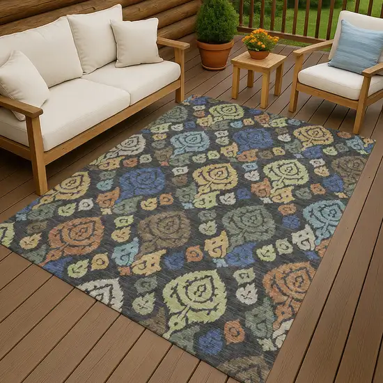 Charcoal And Green Damask Washable Indoor Outdoor Area Rug Photo 4