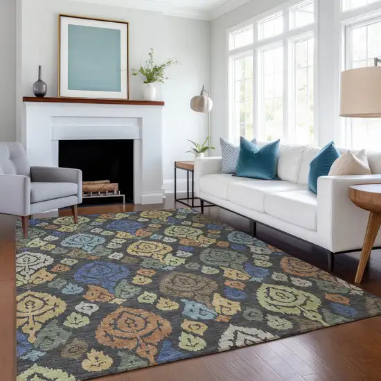 Charcoal And Green Damask Washable Indoor Outdoor Area Rug Photo 6