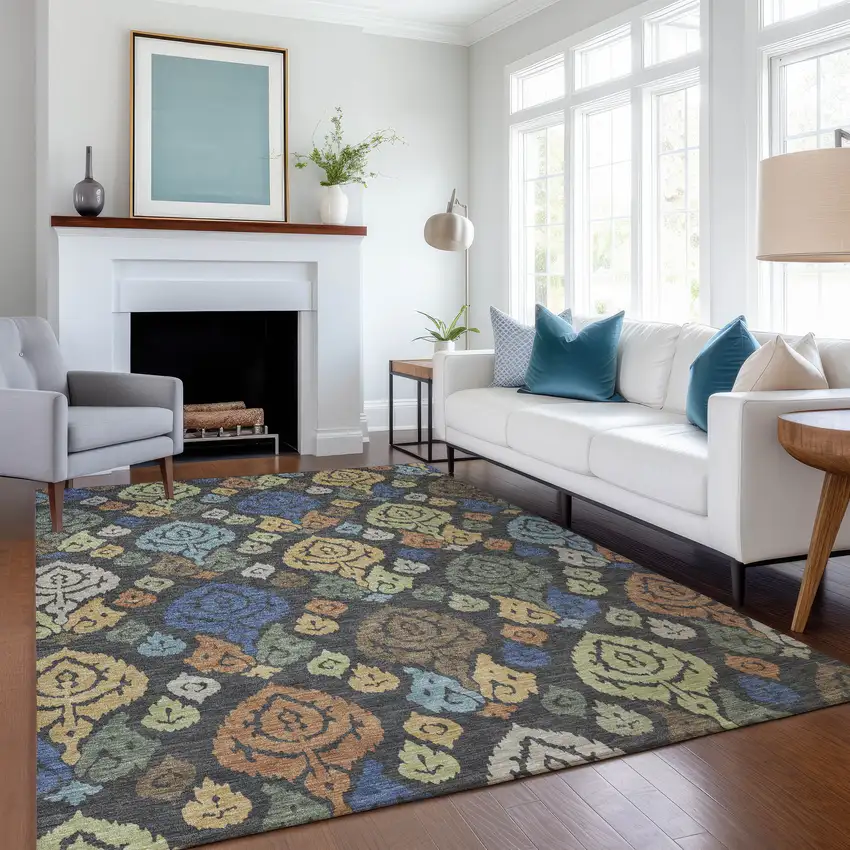 Charcoal And Green Damask Washable Indoor Outdoor Area Rug Photo 6