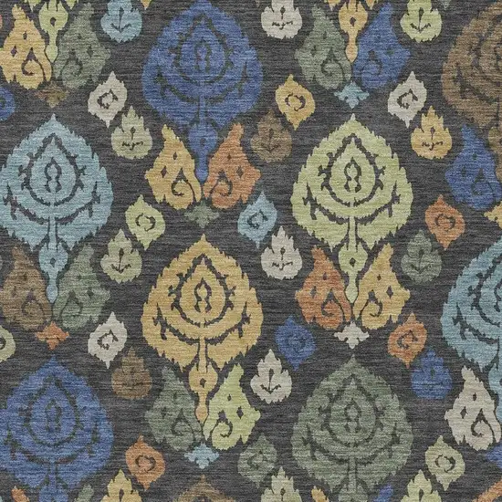 Charcoal And Green Damask Washable Indoor Outdoor Area Rug Photo 2