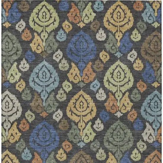 Charcoal And Green Damask Washable Indoor Outdoor Area Rug Photo 3