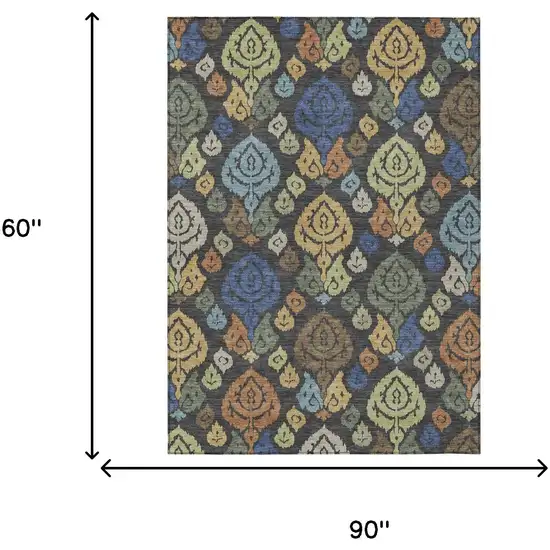 Charcoal And Green Damask Washable Indoor Outdoor Area Rug Photo 6