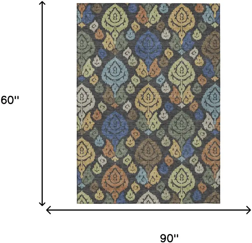 Charcoal And Green Damask Washable Indoor Outdoor Area Rug Photo 6