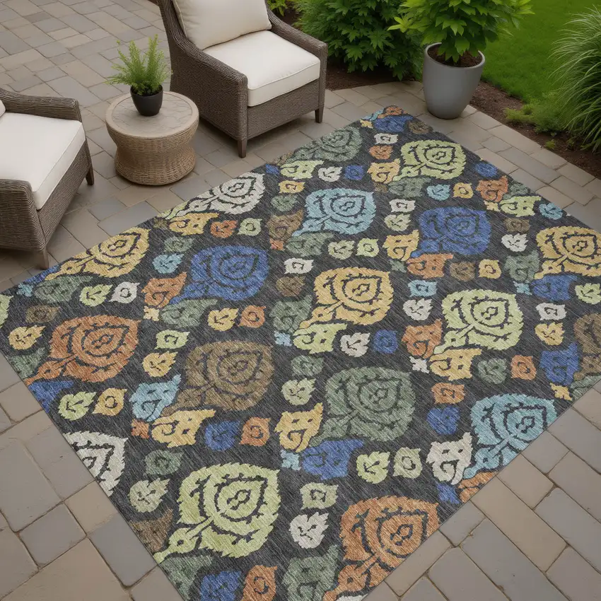 Charcoal And Green Damask Washable Indoor Outdoor Area Rug Photo 7