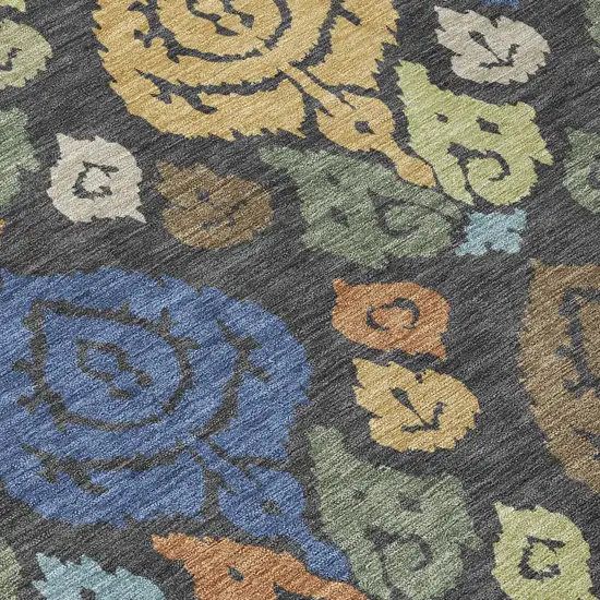 Charcoal And Green Damask Washable Indoor Outdoor Area Rug Photo 9