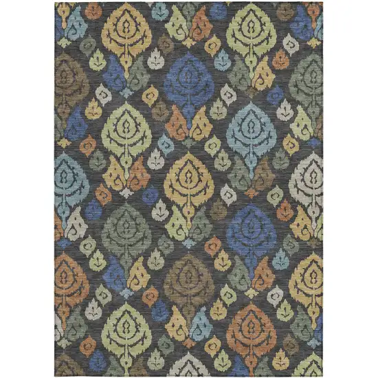 Charcoal And Green Damask Washable Indoor Outdoor Area Rug Photo 3