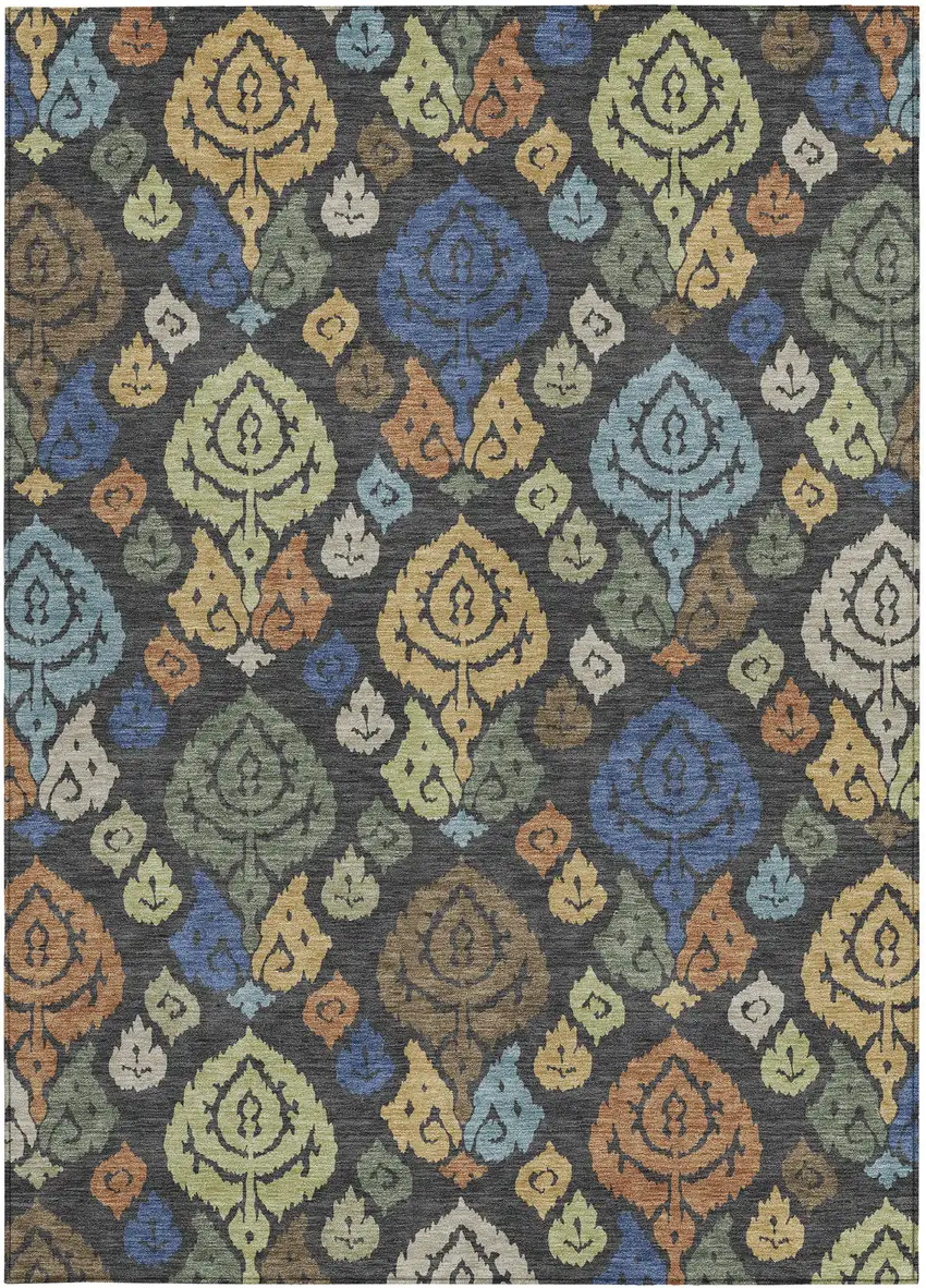 Charcoal And Green Damask Washable Indoor Outdoor Area Rug Photo 3