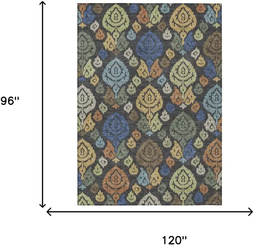 Charcoal And Green Damask Washable Indoor Outdoor Area Rug Photo 6
