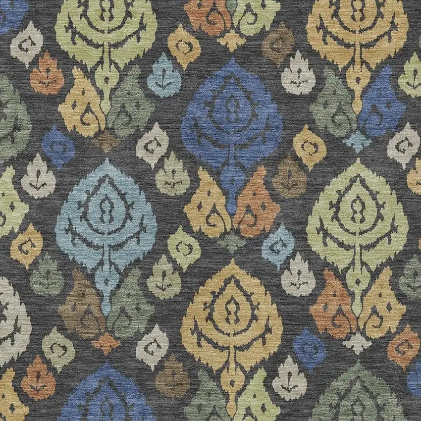 Charcoal And Green Damask Washable Indoor Outdoor Area Rug Photo 2