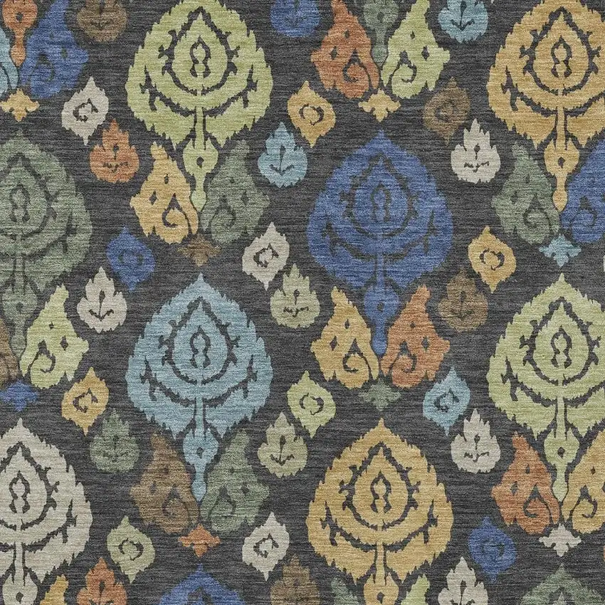 Charcoal And Green Damask Washable Indoor Outdoor Area Rug Photo 2