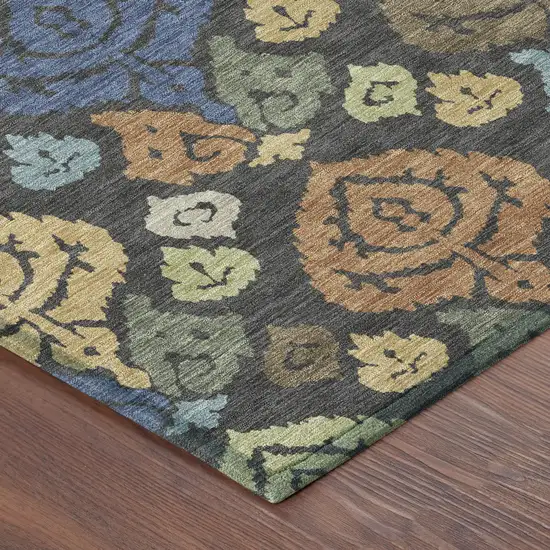 Charcoal And Green Damask Washable Indoor Outdoor Area Rug Photo 8