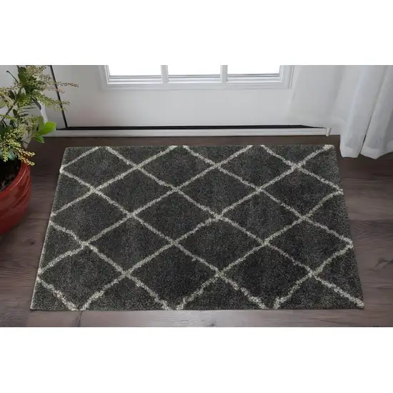 Charcoal And Grey Geometric Shag Power Loom Stain Resistant Area Rug Photo 1