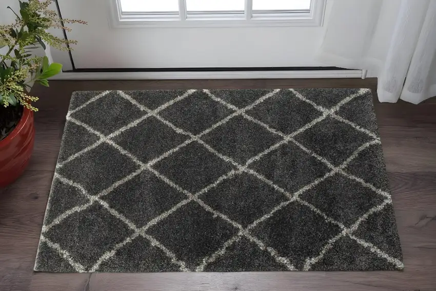 Charcoal And Grey Geometric Shag Power Loom Stain Resistant Area Rug Photo 1