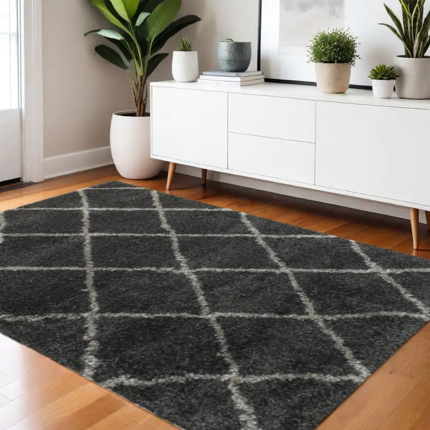 Charcoal And Grey Geometric Shag Power Loom Stain Resistant Area Rug Photo 1