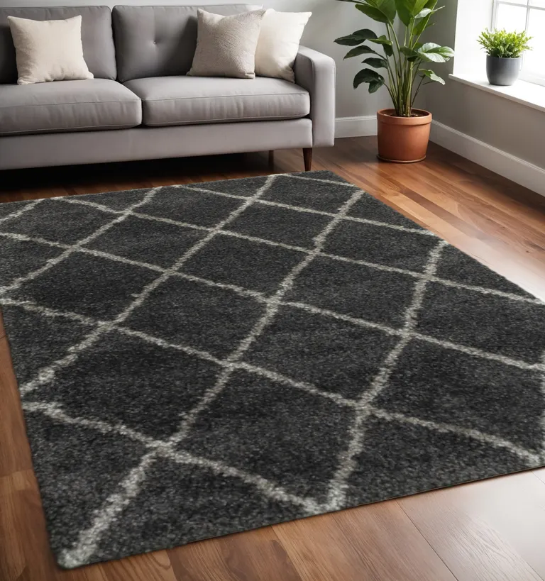 Charcoal And Grey Geometric Shag Power Loom Stain Resistant Area Rug Photo 5
