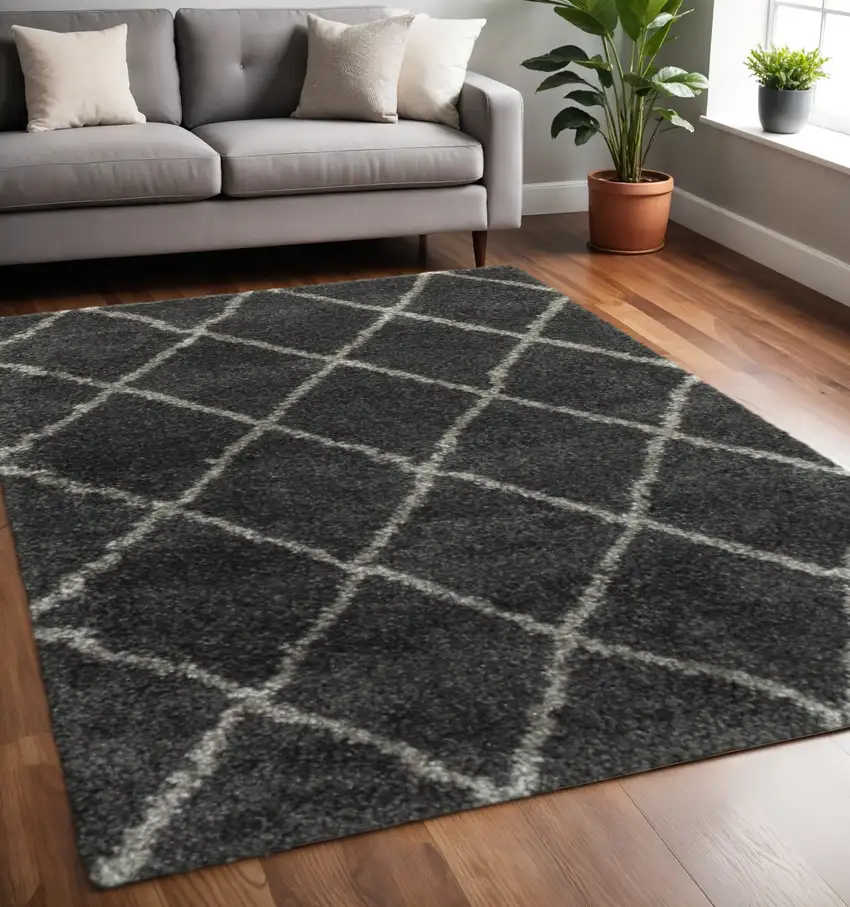 Charcoal And Grey Geometric Shag Power Loom Stain Resistant Area Rug Photo 1
