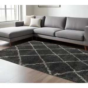 Photo of Charcoal And Grey Geometric Shag Power Loom Stain Resistant Area Rug