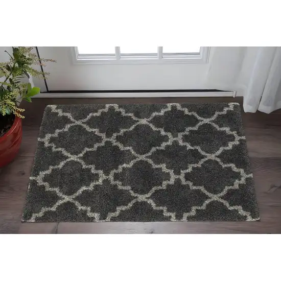Charcoal And Grey Geometric Shag Power Loom Stain Resistant Area Rug Photo 1