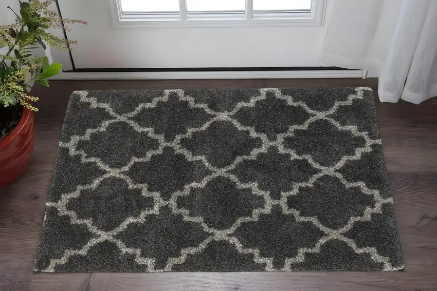 Charcoal And Grey Geometric Shag Power Loom Stain Resistant Area Rug Photo 1
