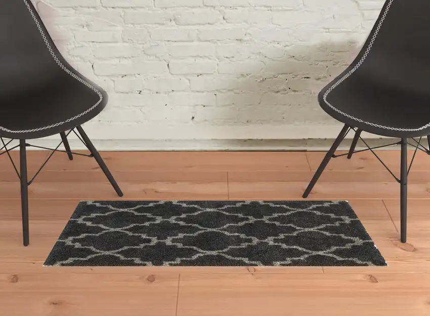 Charcoal And Grey Geometric Shag Power Loom Stain Resistant Area Rug Photo 2