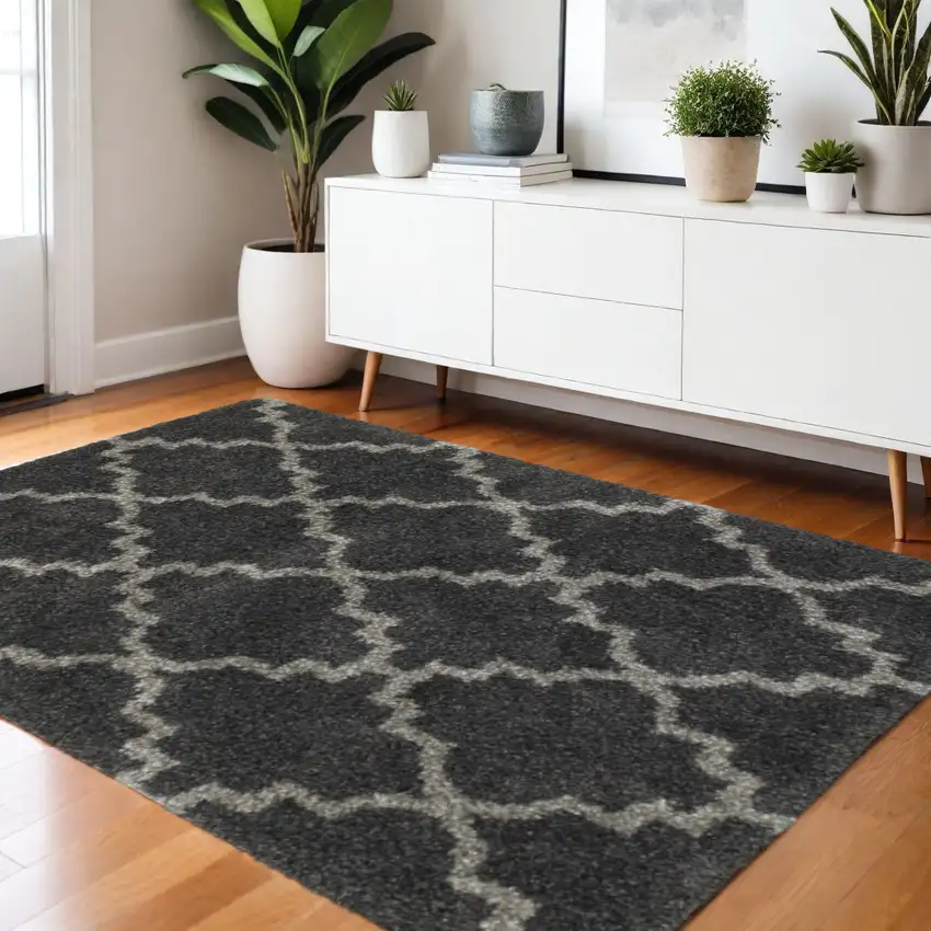 Charcoal And Grey Geometric Shag Power Loom Stain Resistant Area Rug Photo 1