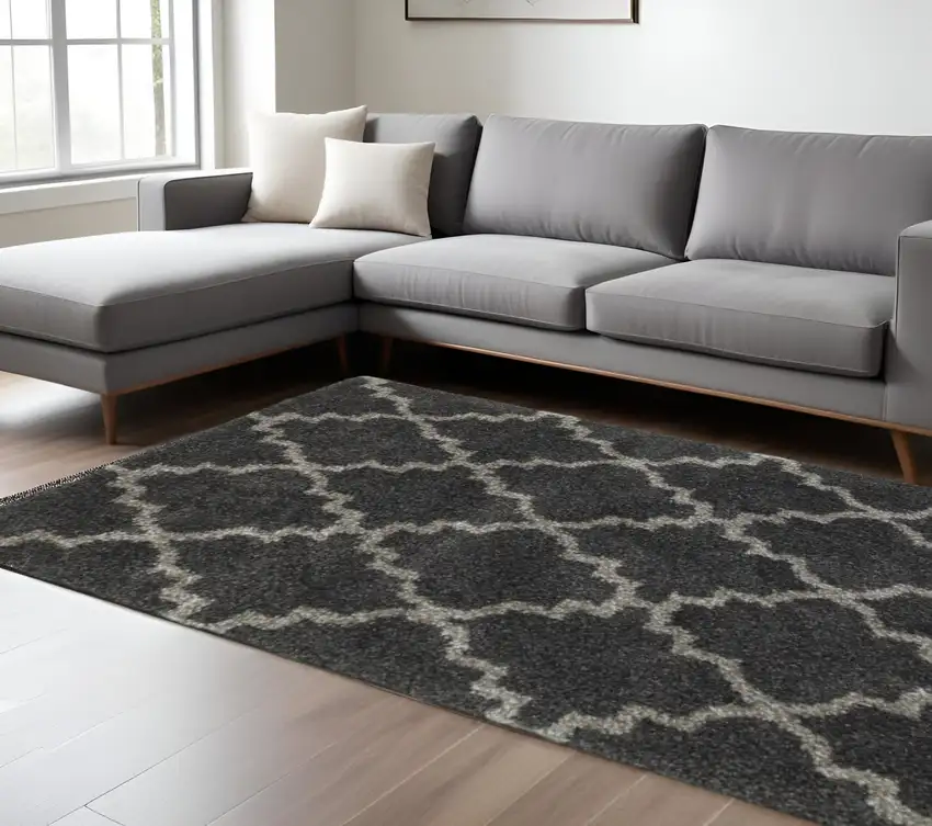 Charcoal And Grey Geometric Shag Power Loom Stain Resistant Area Rug Photo 1