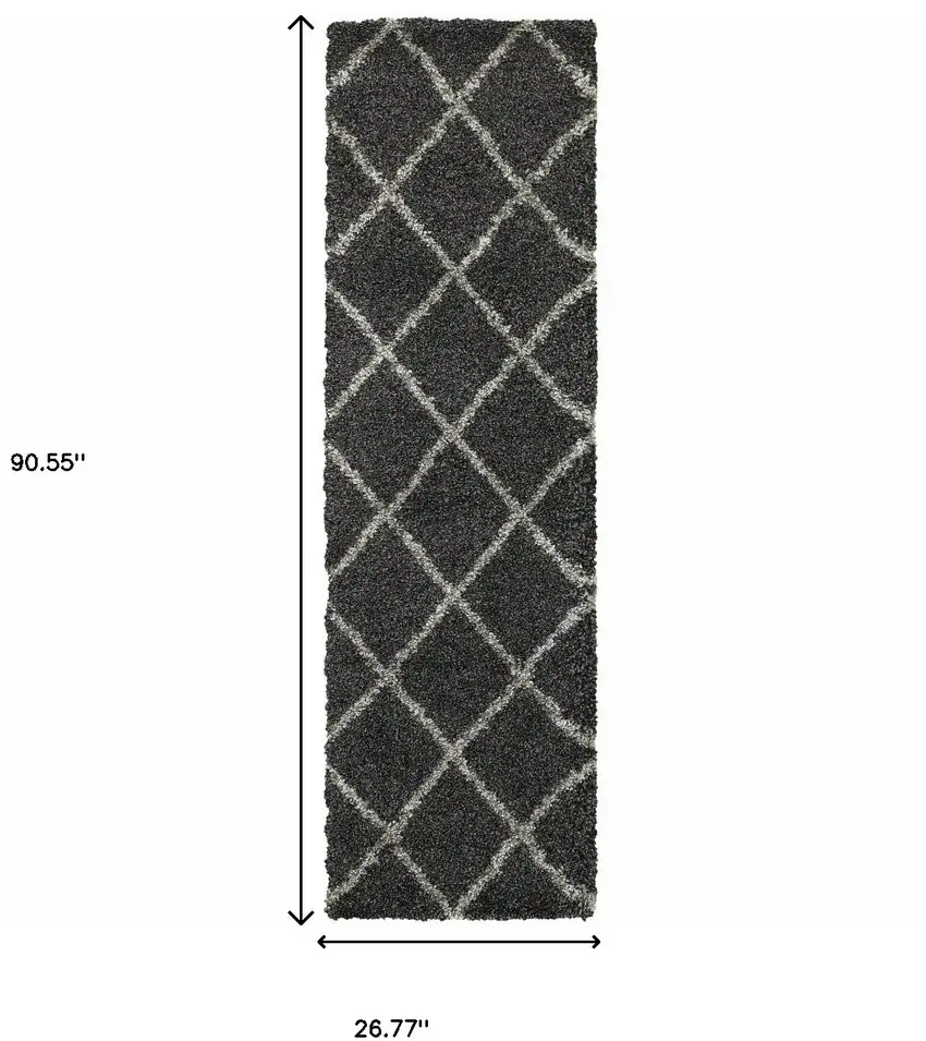 Charcoal And Grey Geometric Shag Power Loom Stain Resistant Runner Rug Photo 6