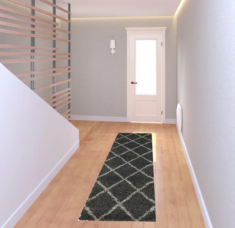 Charcoal And Grey Geometric Shag Power Loom Stain Resistant Runner Rug Photo 2