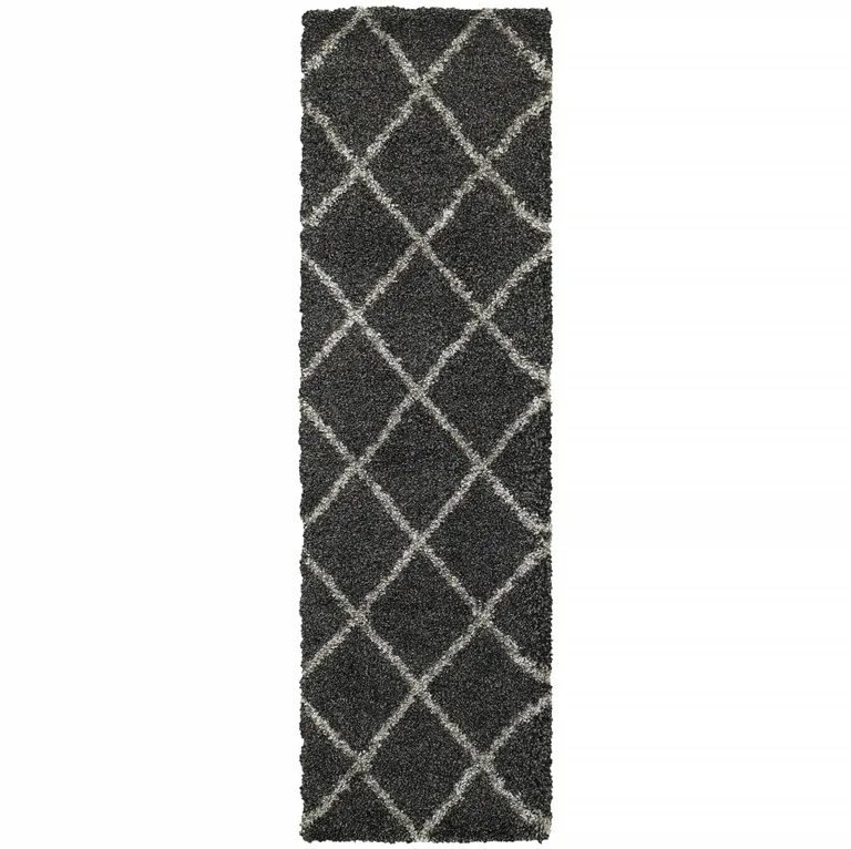 Charcoal And Grey Geometric Shag Power Loom Stain Resistant Runner Rug Photo 1