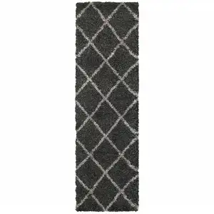 Photo of Charcoal And Grey Geometric Shag Power Loom Stain Resistant Runner Rug