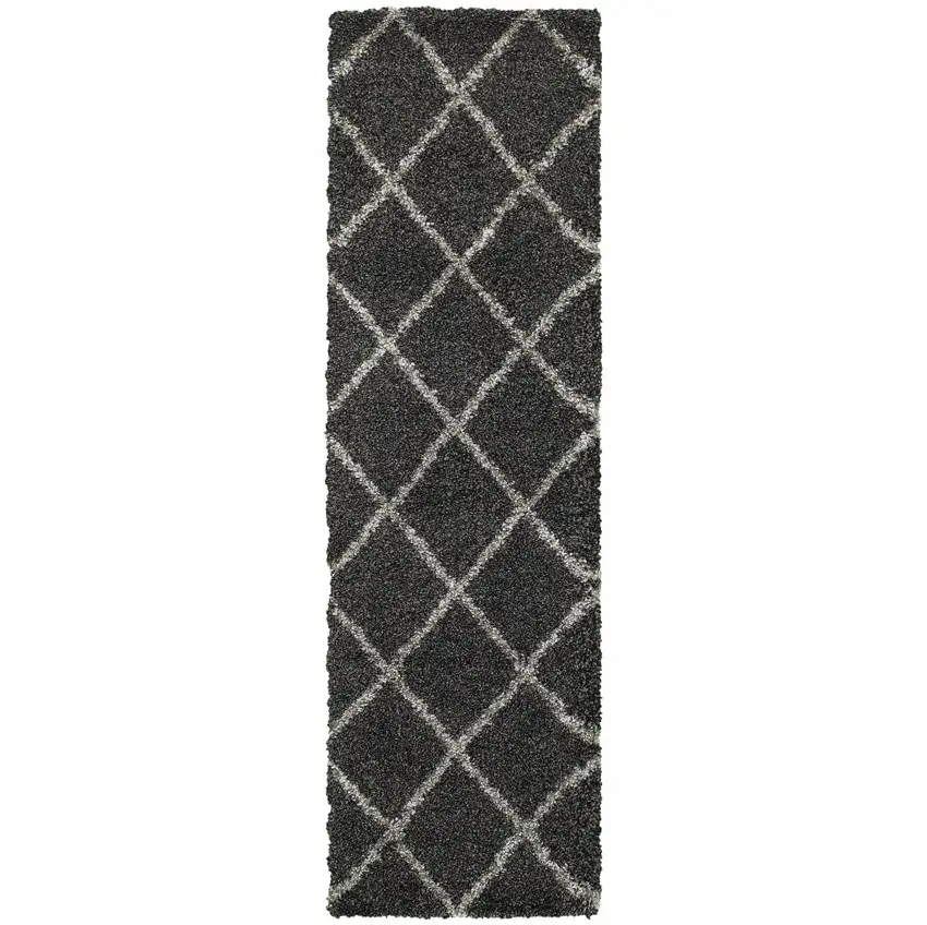 Charcoal And Grey Geometric Shag Power Loom Stain Resistant Runner Rug Photo 1