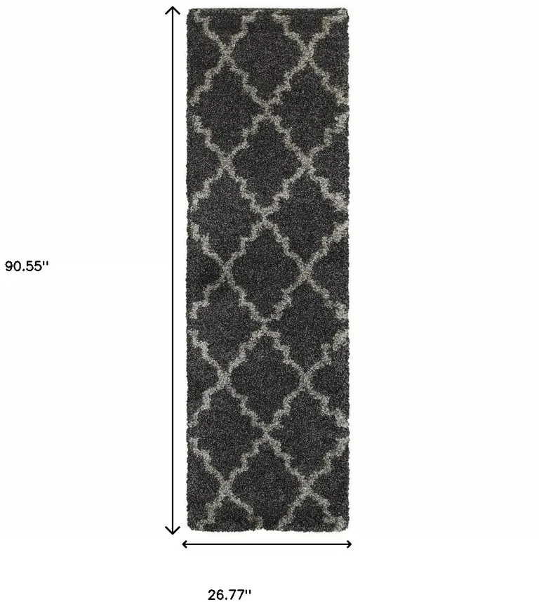 Charcoal And Grey Geometric Shag Power Loom Stain Resistant Runner Rug Photo 4