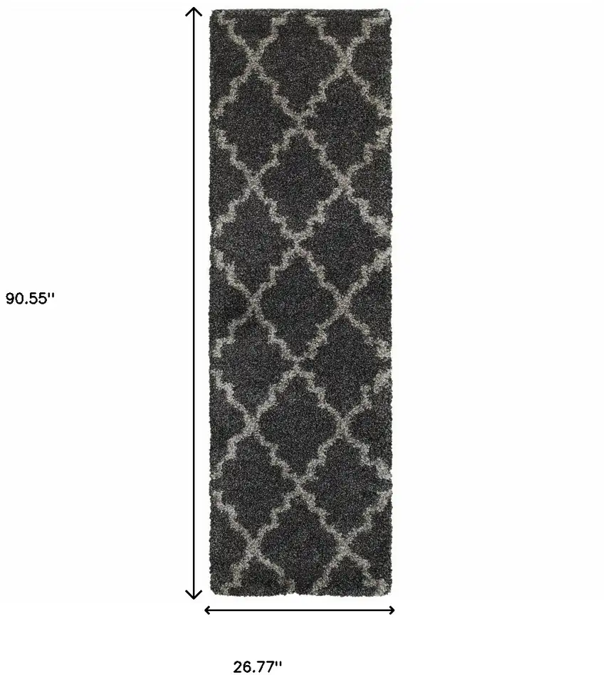 2' X 8' Charcoal And Grey Geometric Shag Power Loom Stain Resistant Runner Rug Photo 3
